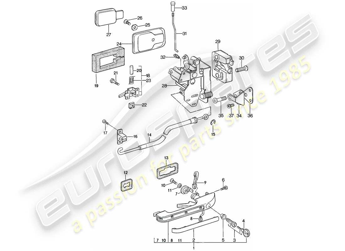 porsche 1982 (944) parti di installazione - porta - chiusura della porta schema delle parti