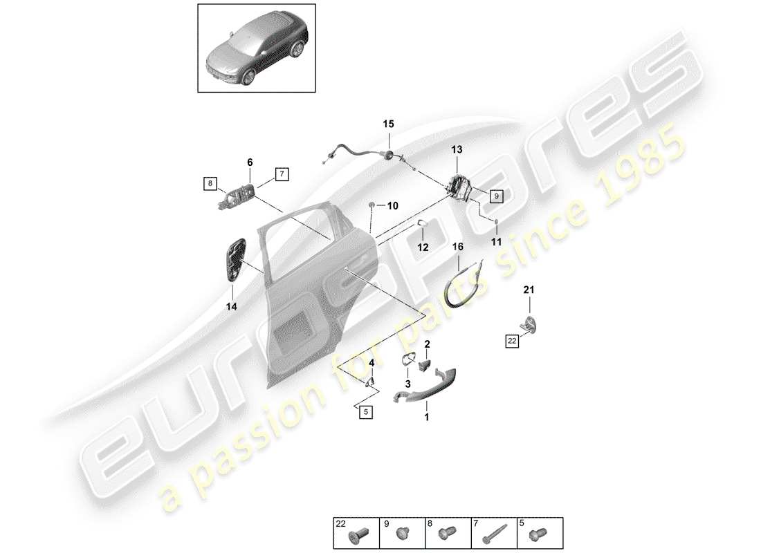 porsche 2020 (cayenne e3 9ya/9yb) maniglia portiera, schema delle parti esterne