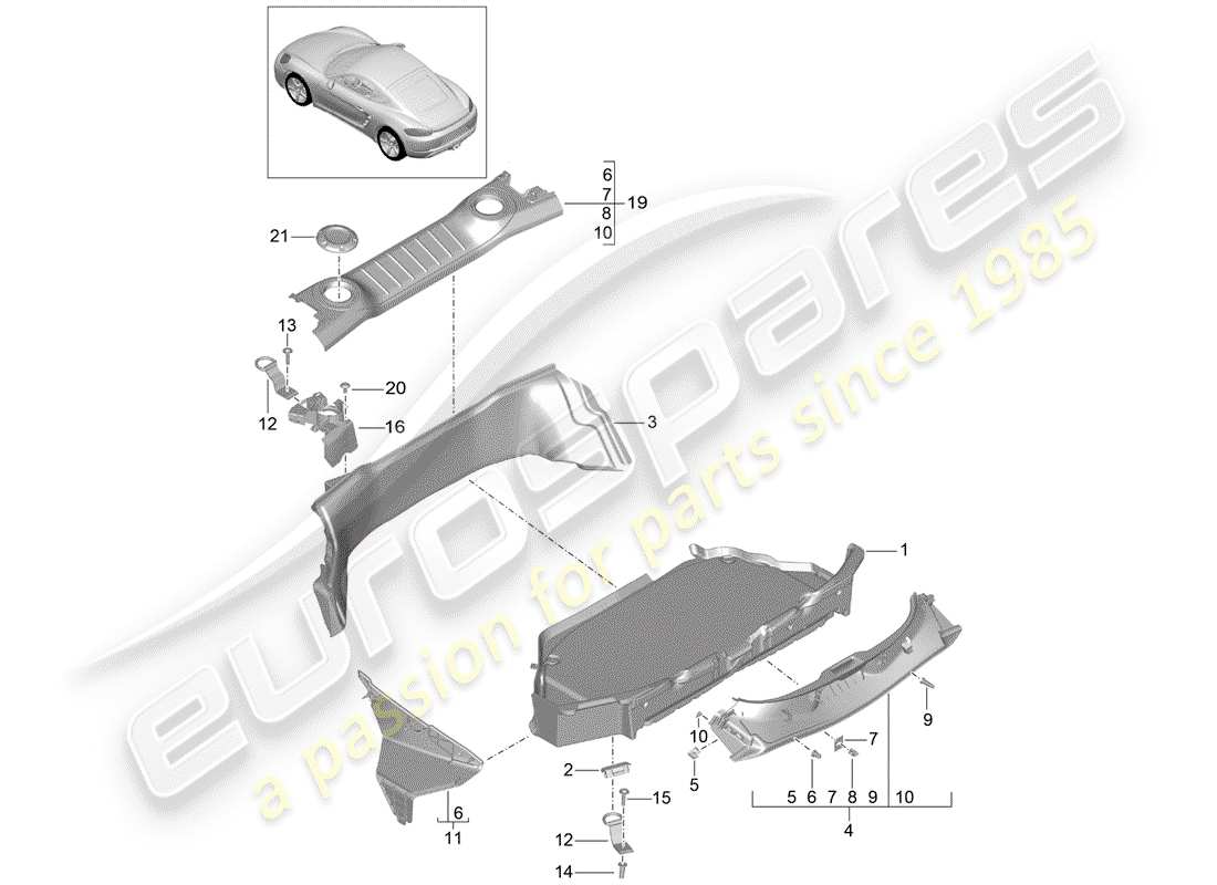 porsche 2020 (718 cayman) diagramma delle parti della fodera dello stivale