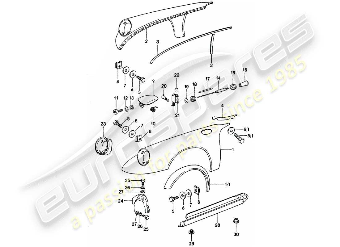 porsche 1976 (911 turbo) pannellatura esterna schema delle parti