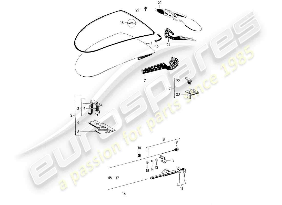 porsche 1954 (356/356a) copertura - - e - con parti di installazione - da adattare utilizzare materiale da officina schema delle parti