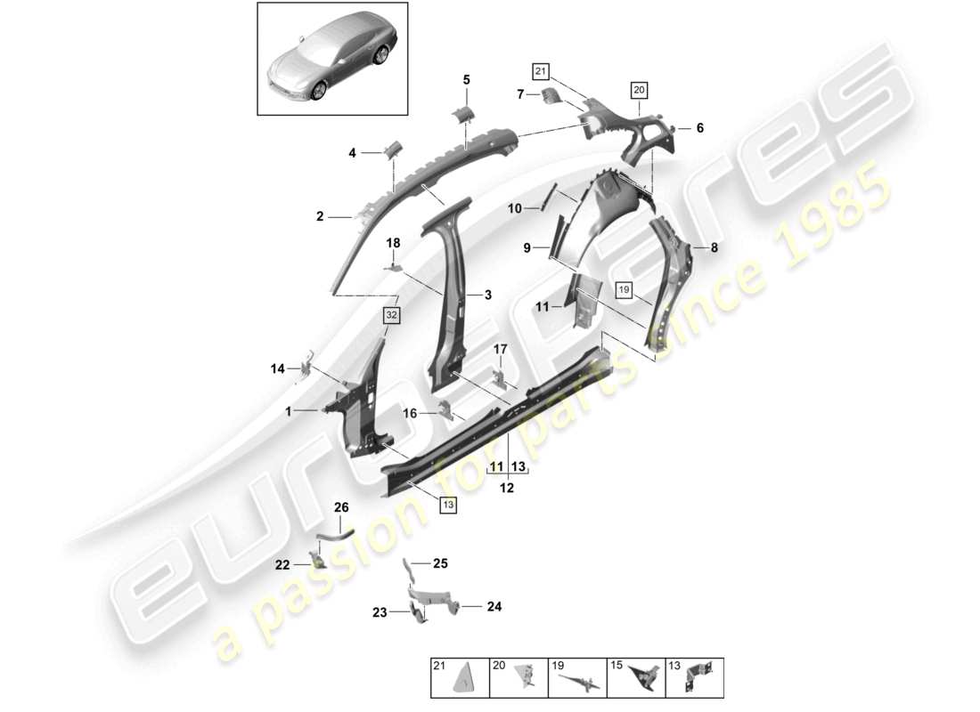 porsche 2019 (panamera 971-1) parte laterale interna esterna diagramma delle parti