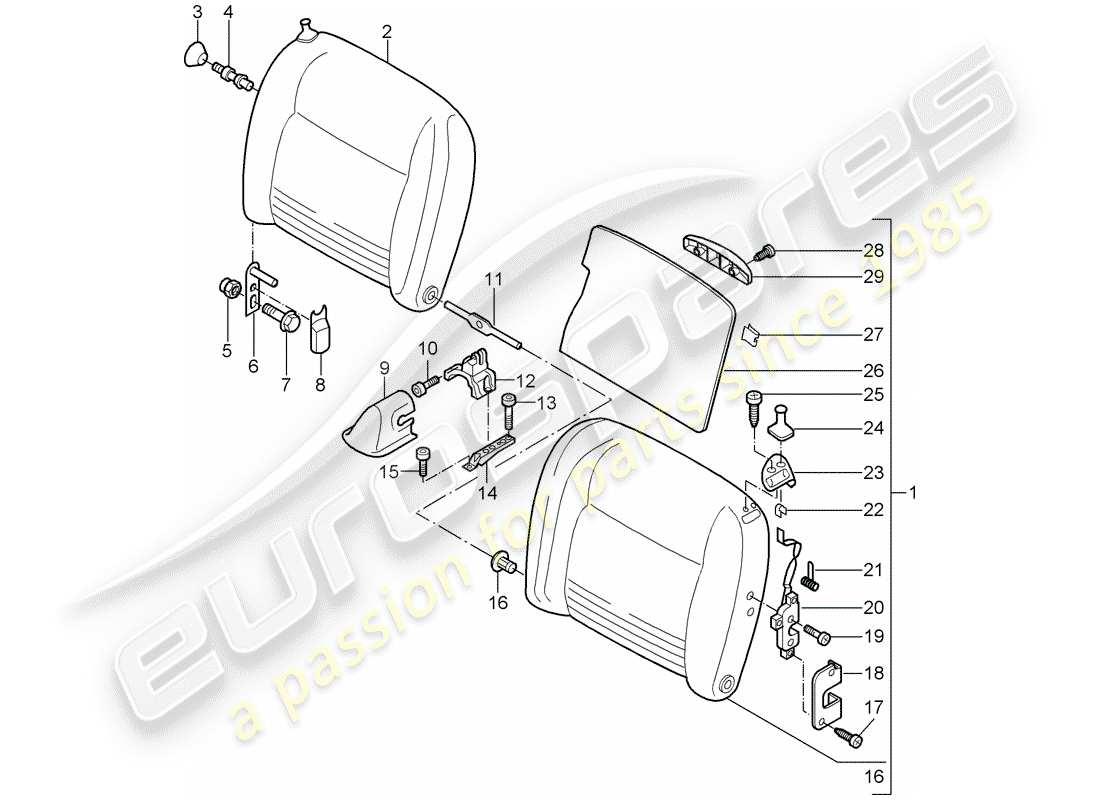 porsche 2002 (996 turbo / gt2) schienale del sedile di emergenza diagramma delle parti