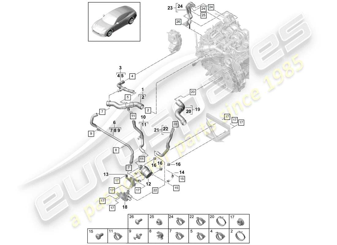 porsche 2018 (panamera 971-1) diagramma delle parti del raffreddamento ad acqua