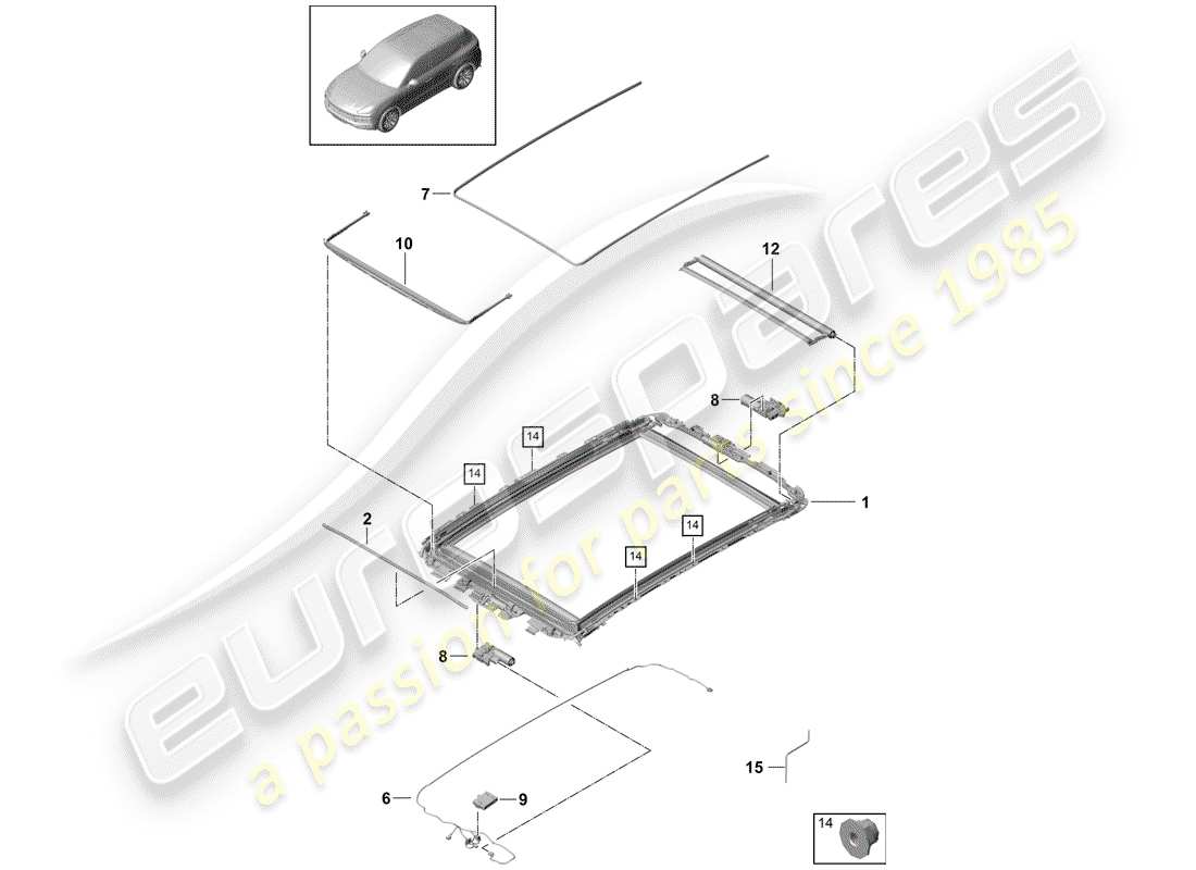 porsche 2020 (cayenne e3 9ya/9yb) schema delle parti del tetto in vetro