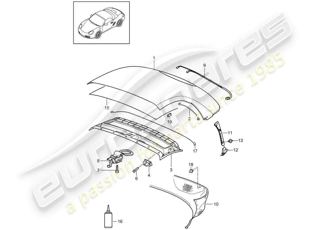 porsche 2012 (987 boxster) copertura capote convertibile schema delle parti