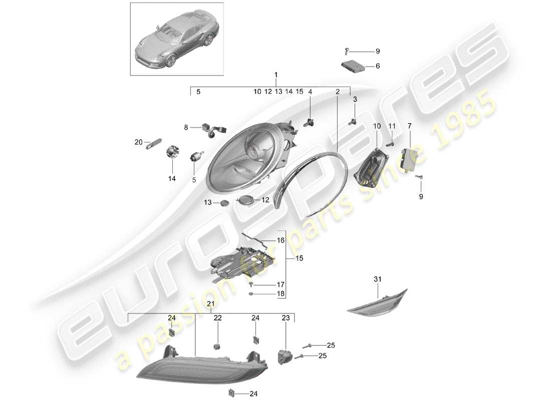 porsche 991 turbo (2019) diagramma delle parti del faro