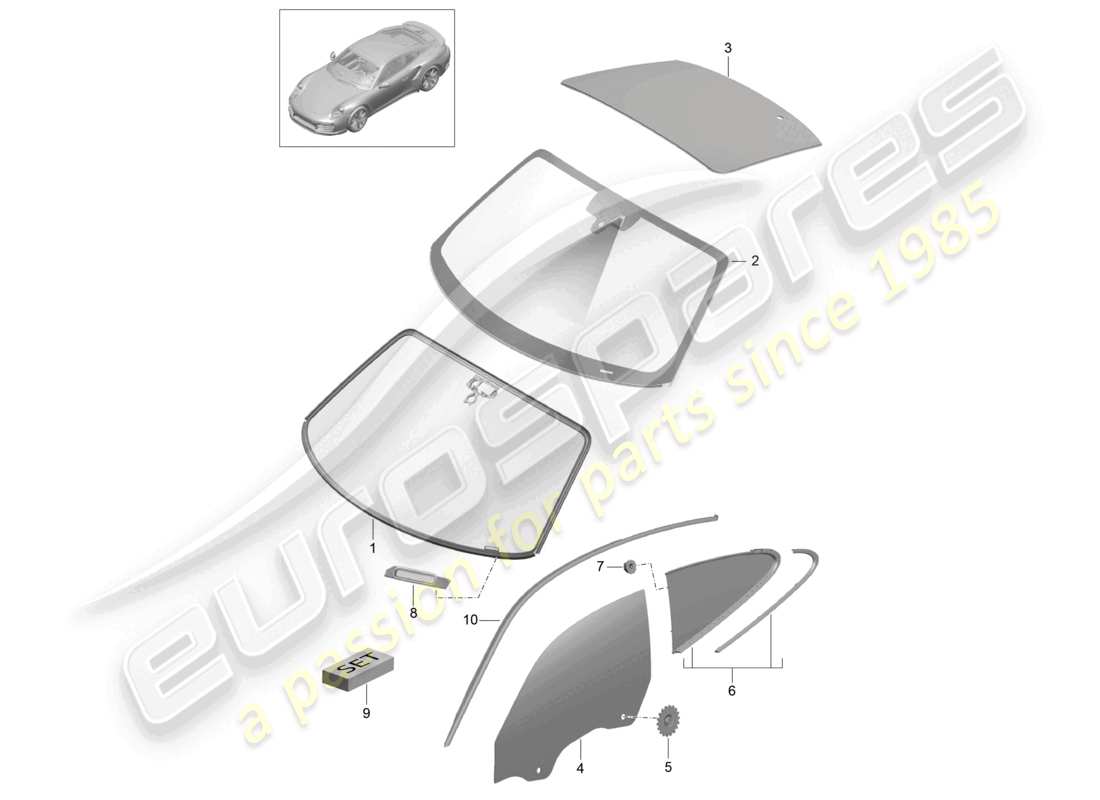 porsche 2016 (991-1 turbo) parabrezza finestrino laterale d - mj 2017>> schema delle parti