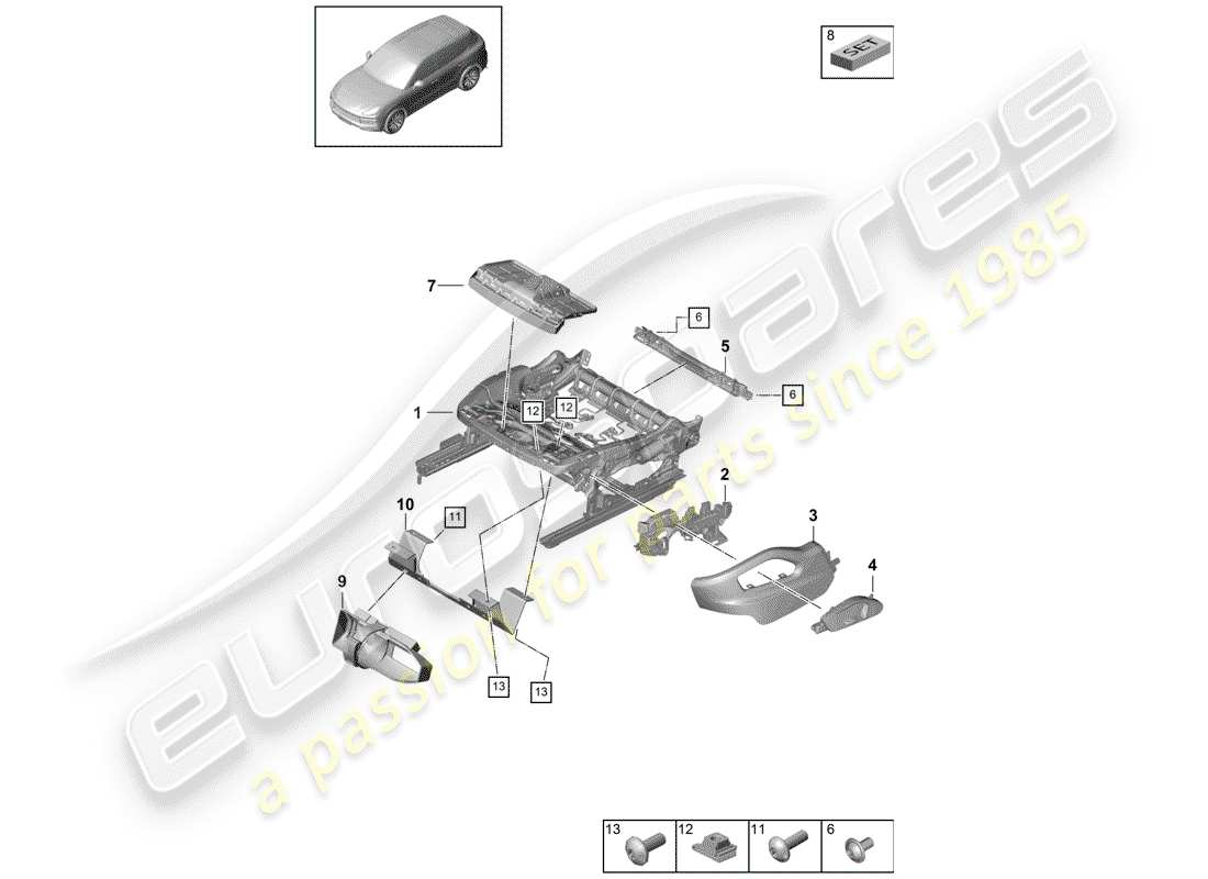 porsche 2020 (cayenne e3 9ya/9yb) telaio del sedile diagramma delle parti