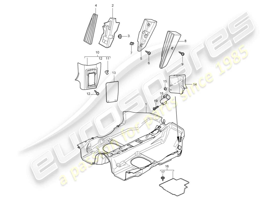 porsche 2008 (987 cayman) equipaggiamento interno rifiniture del pavimento diagramma delle parti