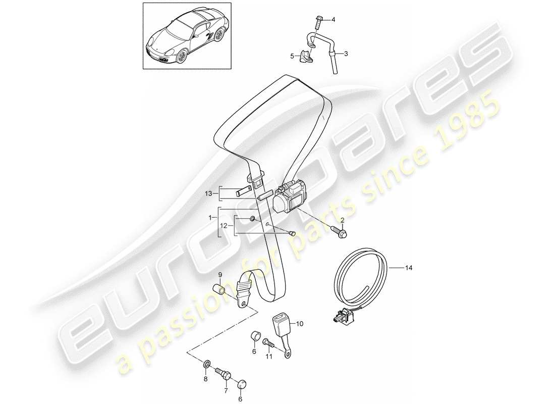 porsche cayman 987 (2008) diagramma delle parti della cintura di sicurezza