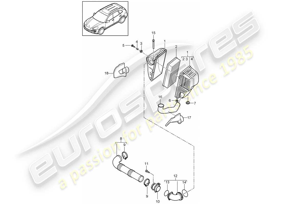 porsche 2018 (cayenne e2 92a) filtro dell'aria con collegamento diagramma delle parti