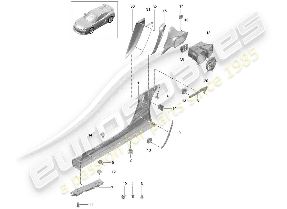 porsche 2016 (981 cayman gt4) rivestimento lato lato schema delle parti