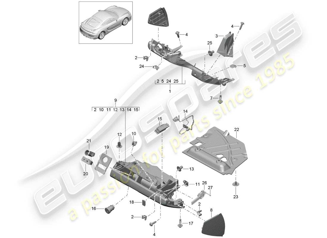porsche 2016 (981 cayman gt4) diagramma delle parti del vano portaoggetti