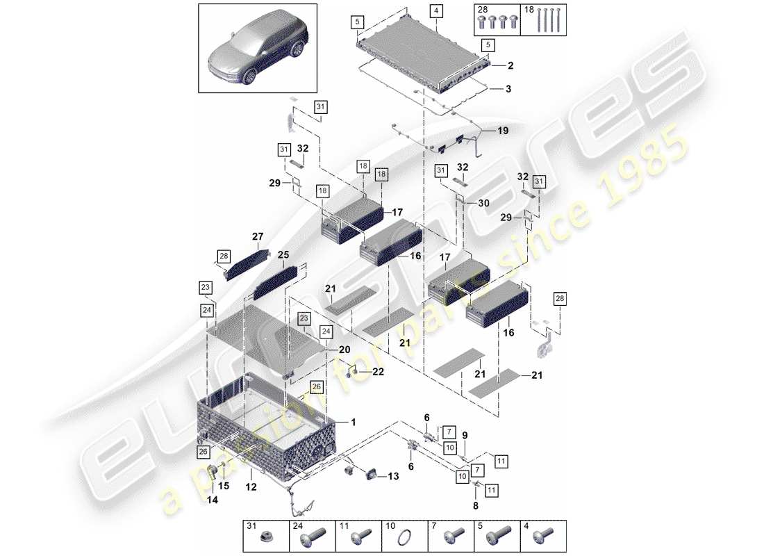 porsche 2020 (cayenne e3 9ya/9yb) diagramma delle parti della batteria ibrida