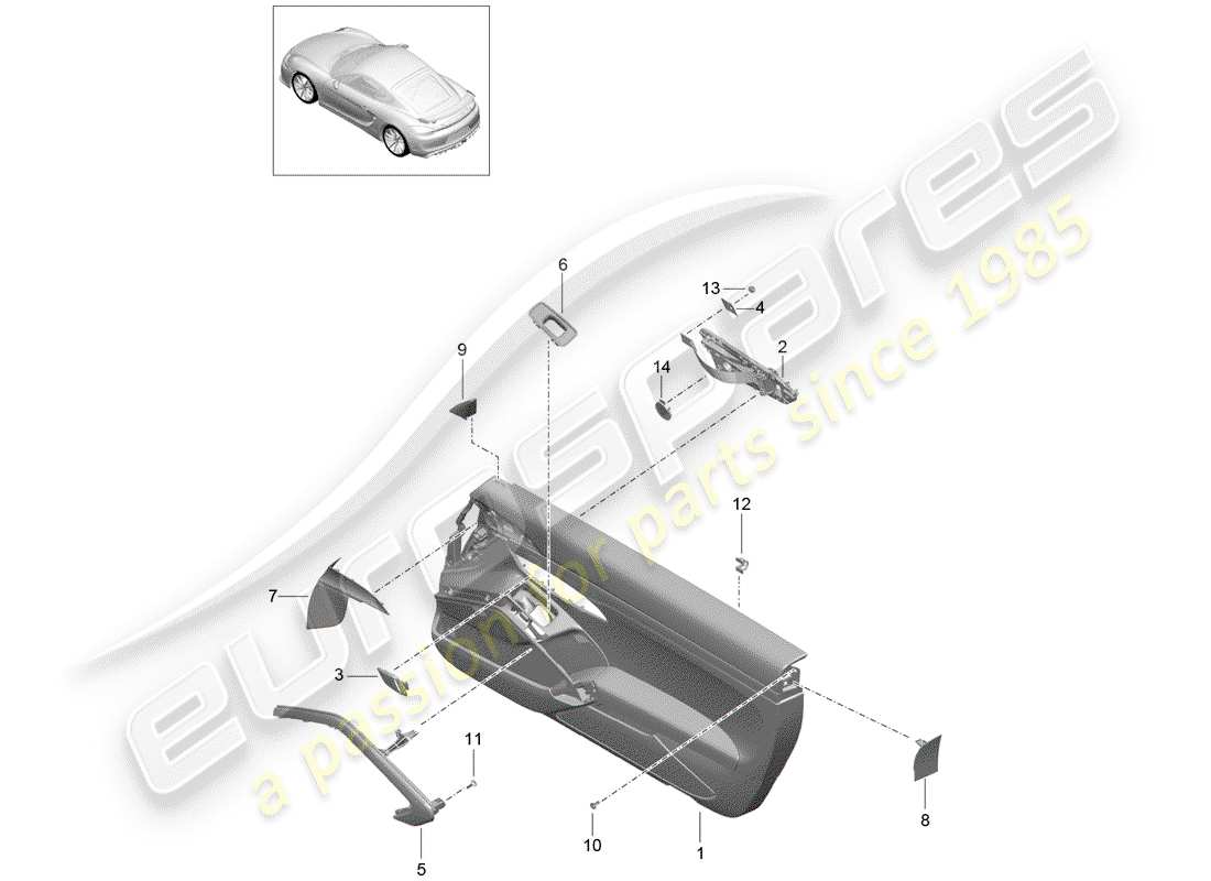 porsche 2016 (981 cayman gt4) schema delle parti del pannello della porta