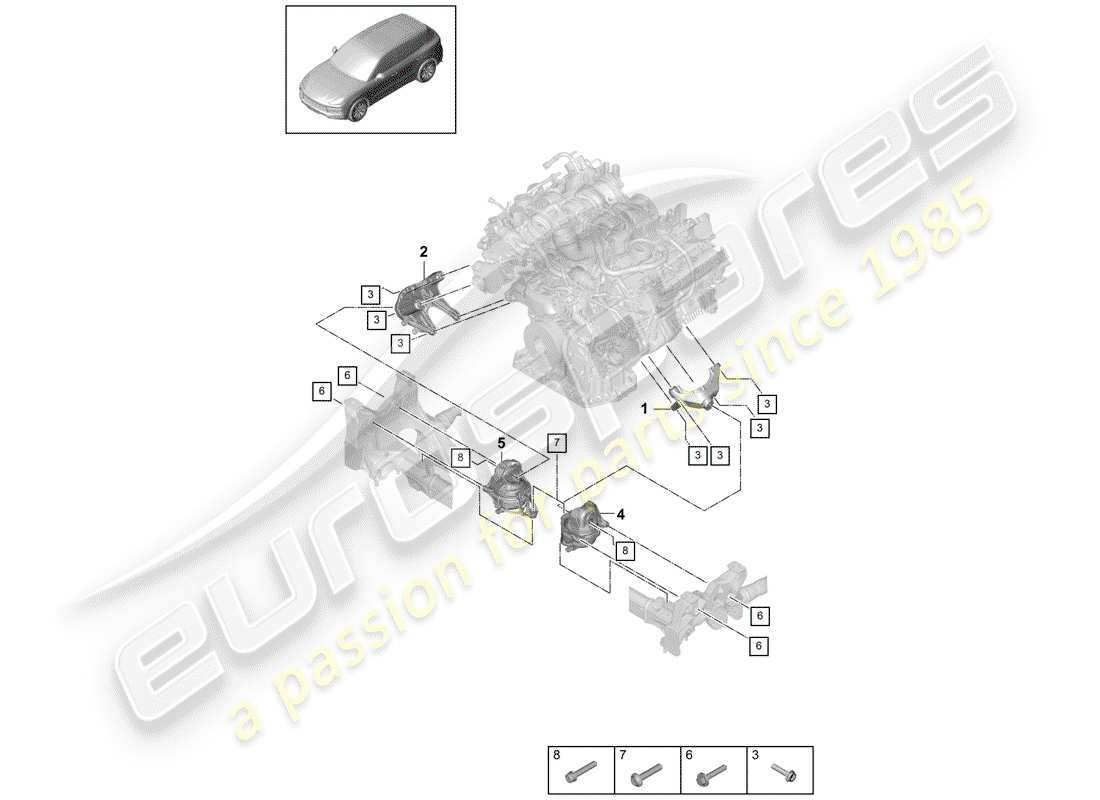 porsche 2019 (cayenne e3 9ya/9yb) paranco di sollevamento del motore diagramma delle parti