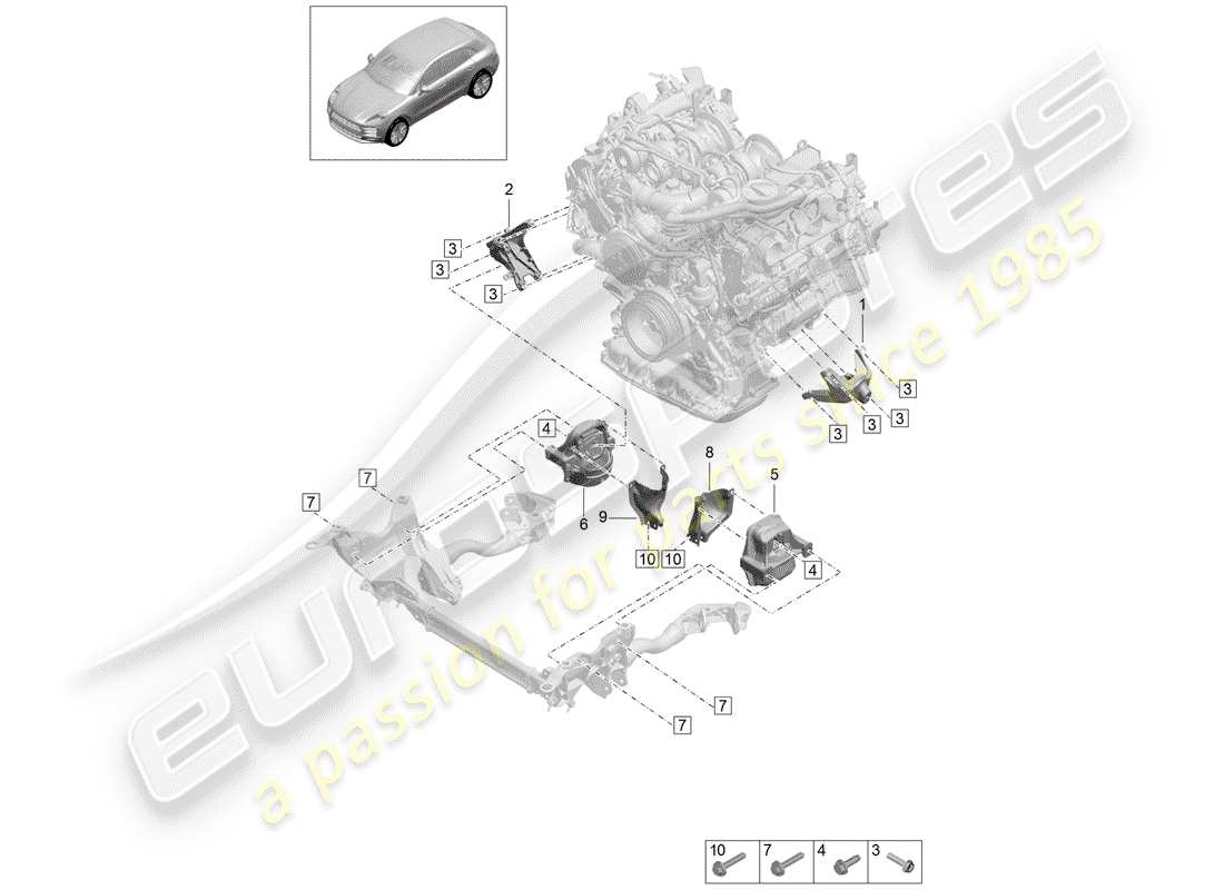 porsche macan (2019) attrezzatura di sollevamento motore schema delle parti