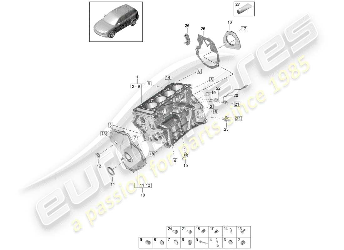 porsche 2019 (cayenne e3 9ya/9yb) schema delle parti del basamento