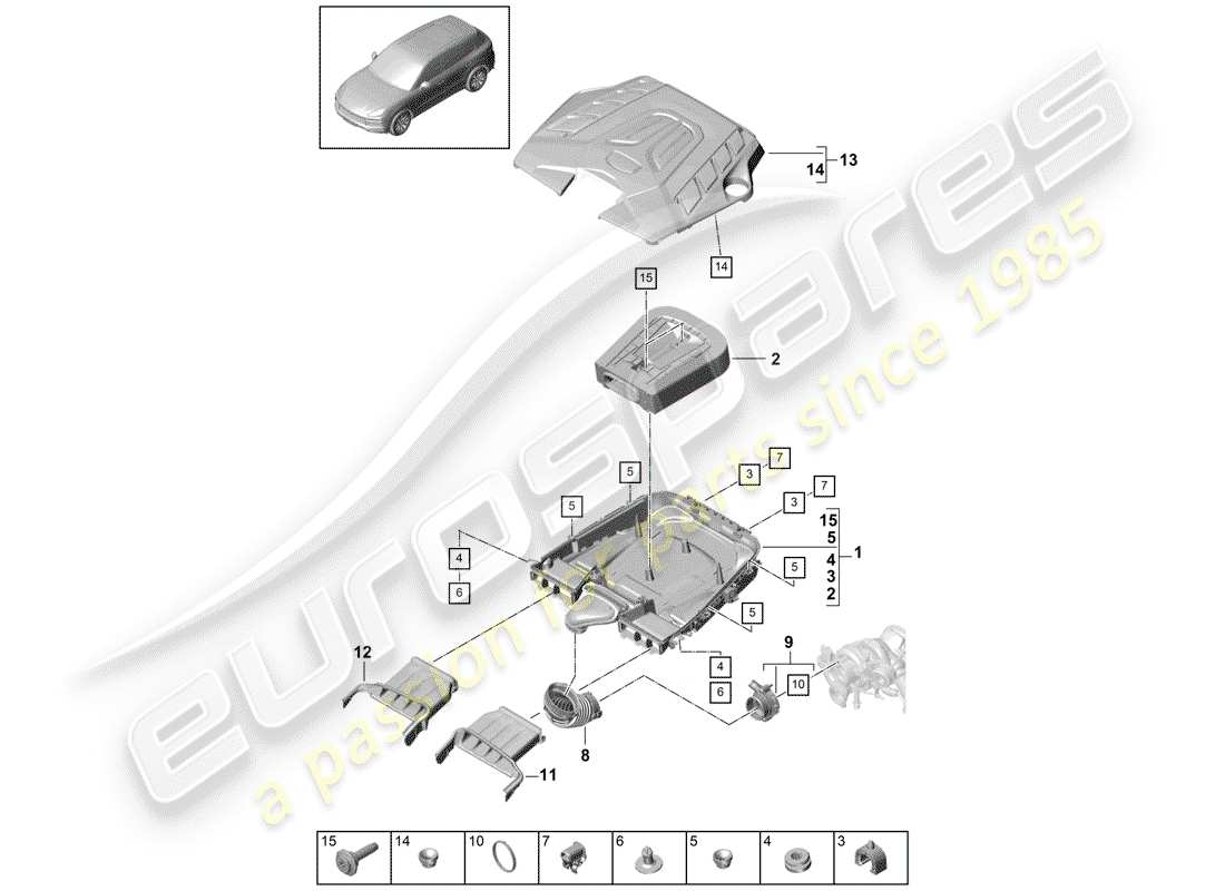 porsche 2019 (cayenne e3 9ya/9yb) filtro dell'aria con collegamento diagramma delle parti
