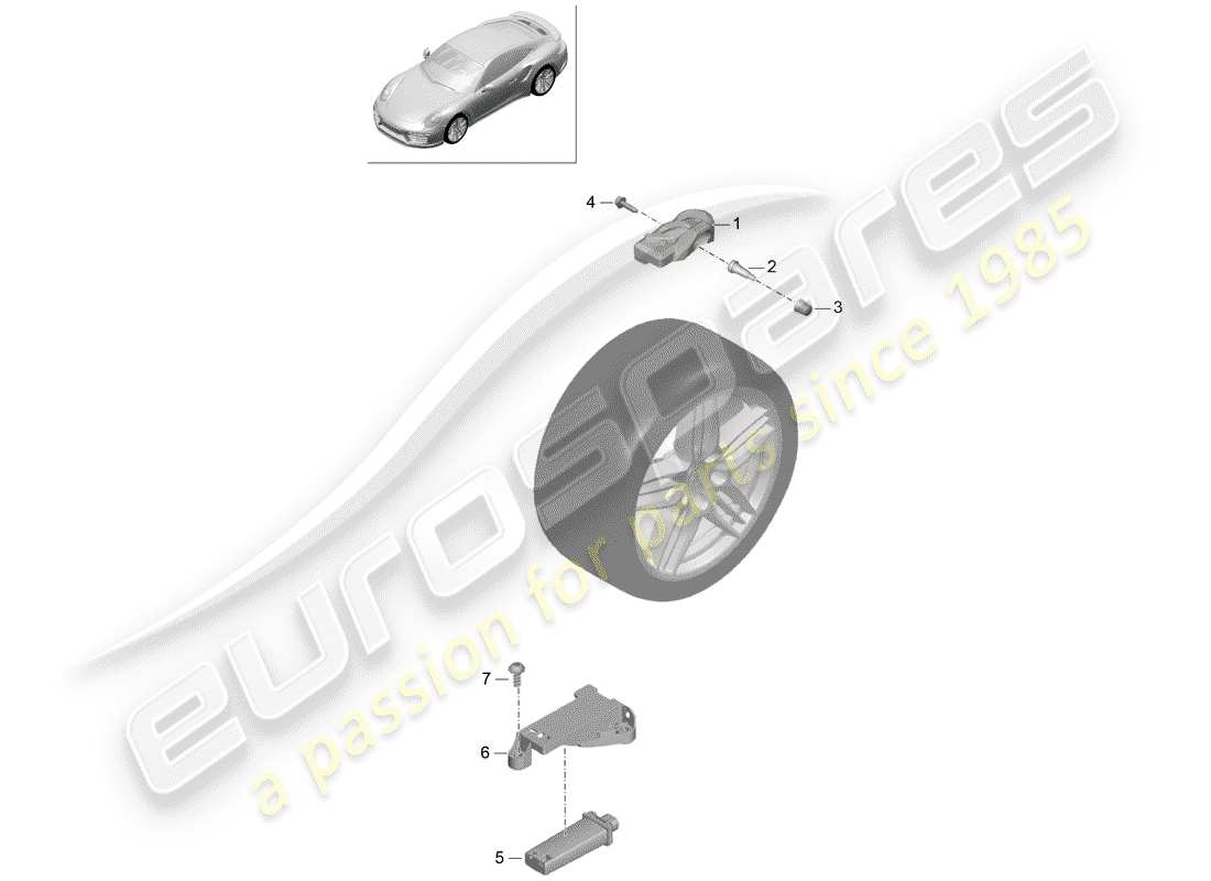 porsche 991 turbo (2019) schema delle parti del sistema di controllo della pressione dei pneumatici
