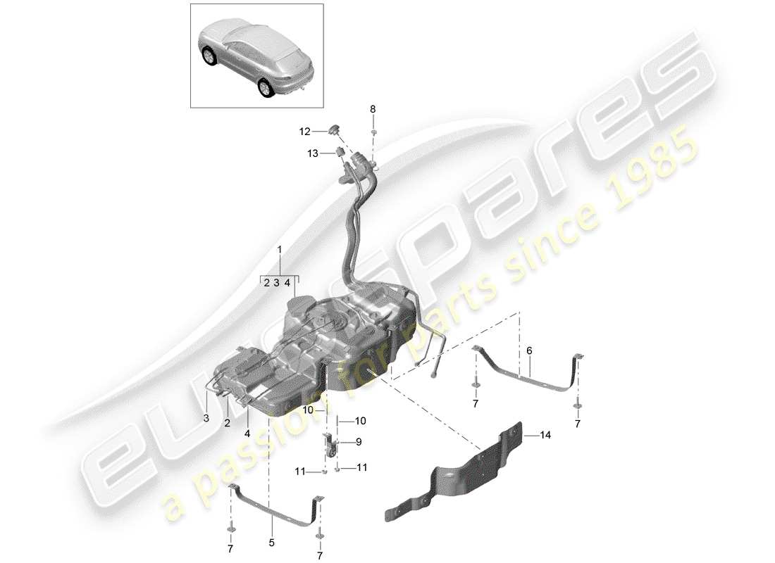 porsche 2018 (macan) serbatoio carburante con schema delle parti