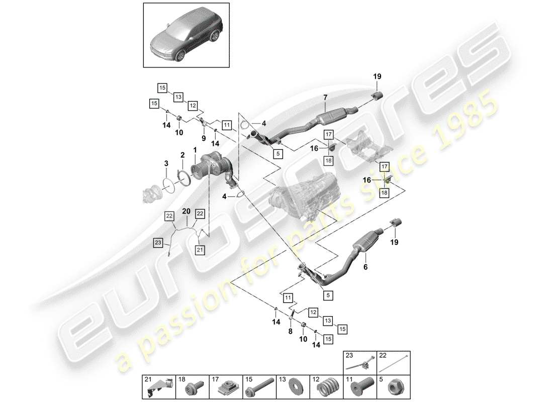 porsche 2019 (cayenne e3 9ya/9yb) diagramma delle parti del sistema di scarico