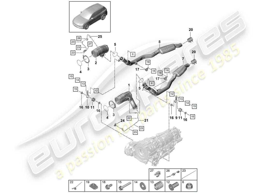 porsche 2019 (cayenne e3 9ya/9yb) impianto di scarico diagramma delle parti