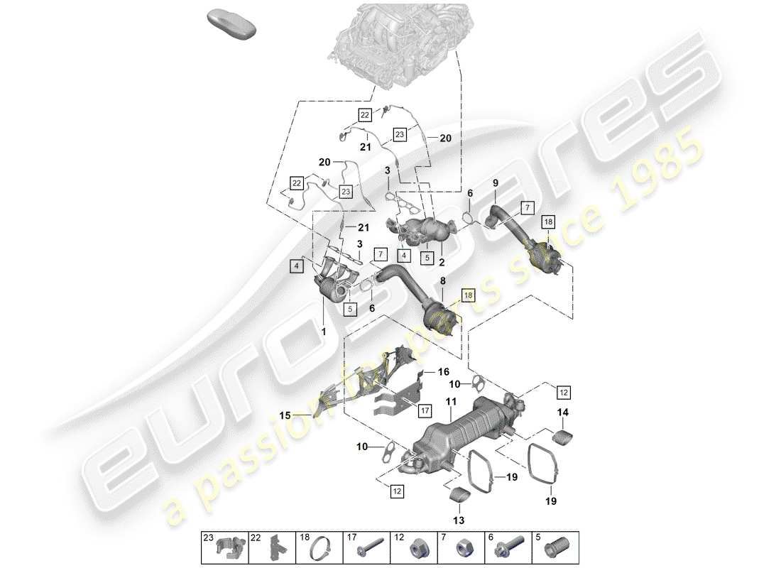 porsche 2019 (718 boxster spyder) diagramma delle parti del sistema di scarico