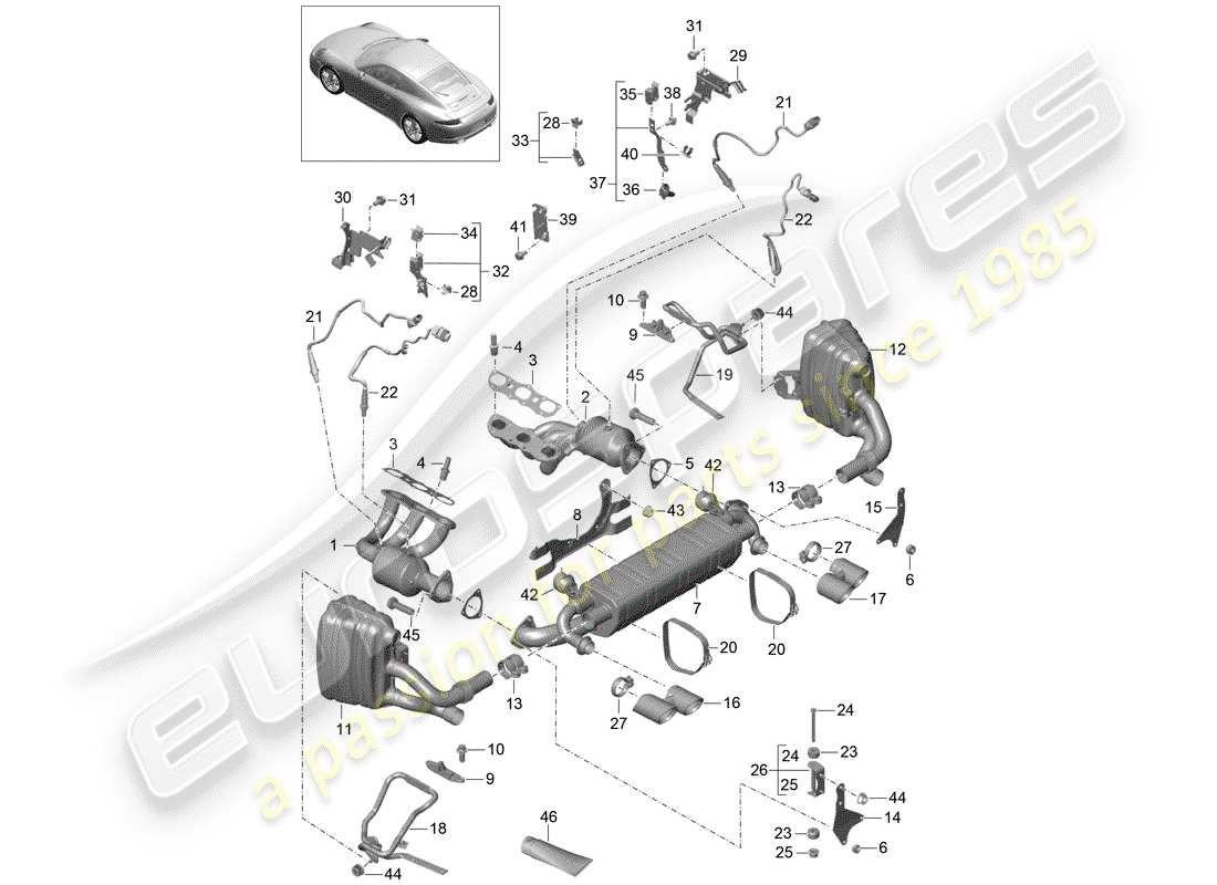 porsche 2013 (991-1) diagramma delle parti del sistema di scarico