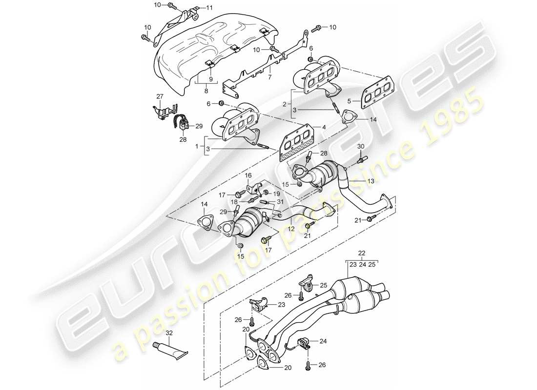 porsche 2010 (cayenne e1 9pa) impianto di scarico diagramma delle parti