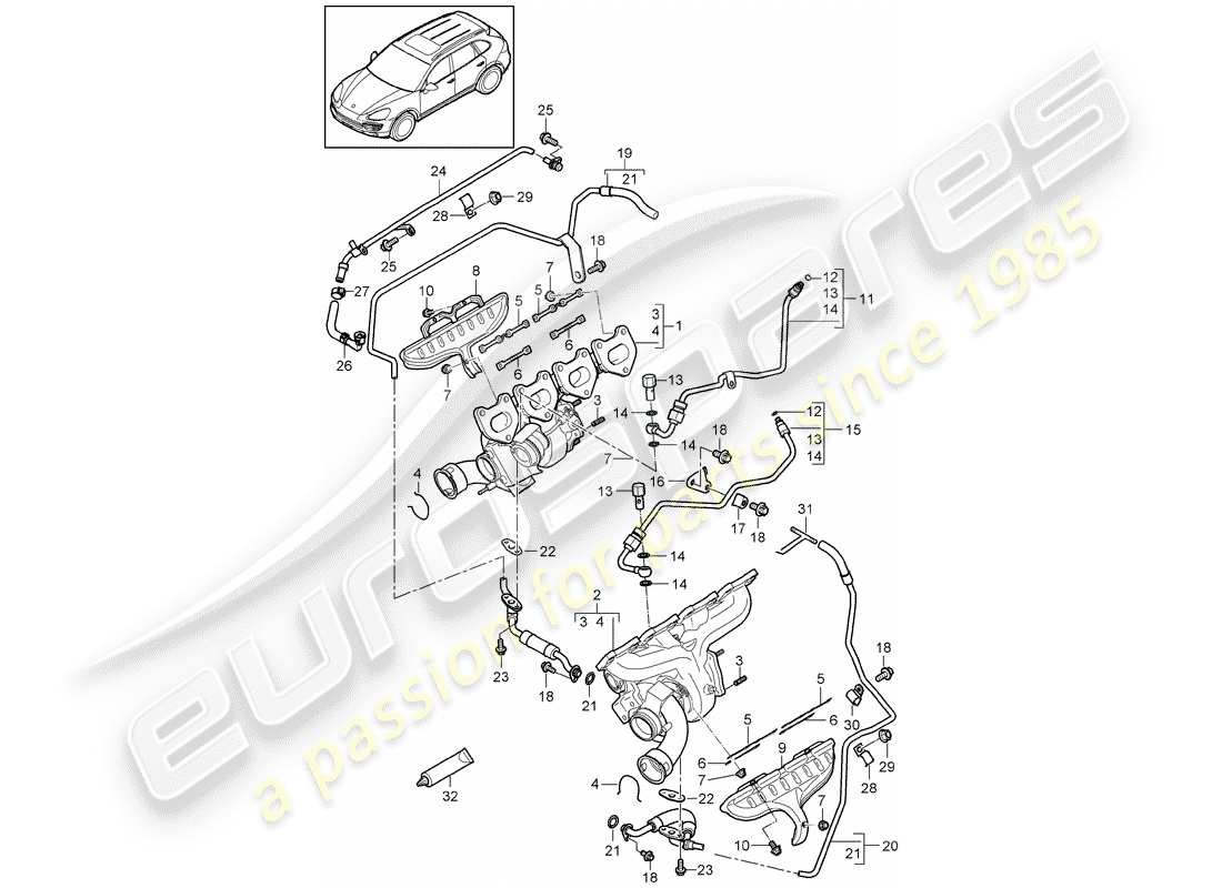 porsche 2011 (cayenne e2 92a) turbocompressore gas di scarico diagramma delle parti