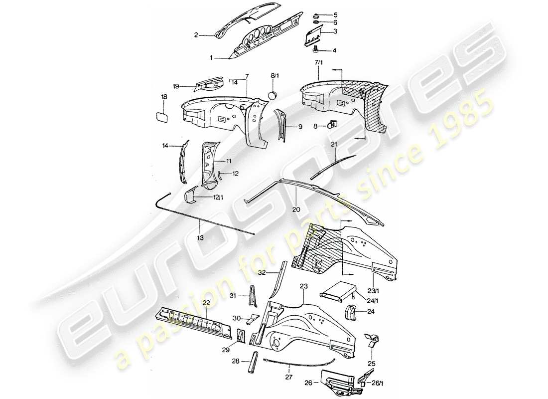porsche 1975 (911 turbo) pannellatura interna diagramma delle parti