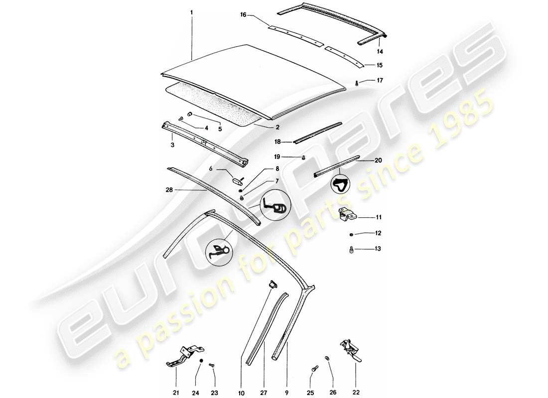porsche 1972 (914) tetto diagramma delle parti