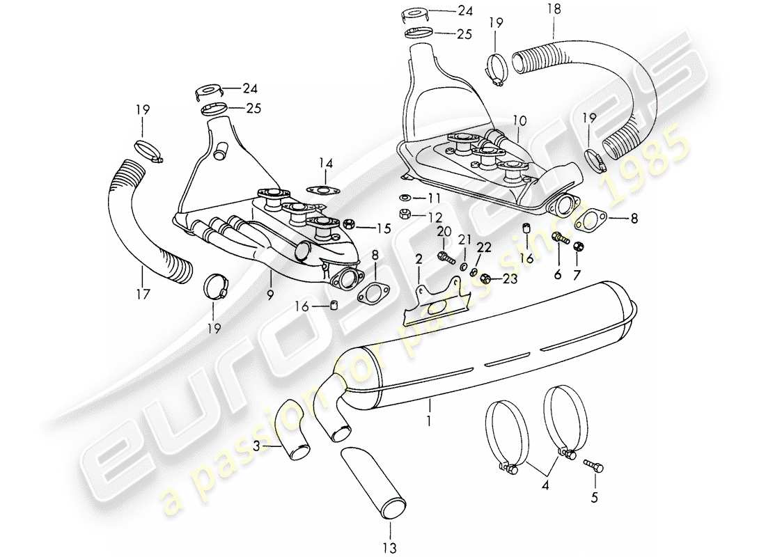 porsche 1968 (911/912) impianto di scarico diagramma delle parti