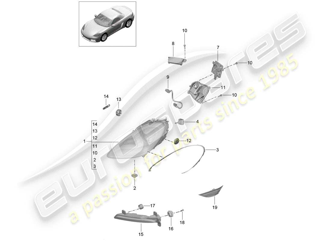 porsche 718 boxster (2020) diagramma delle parti del faro