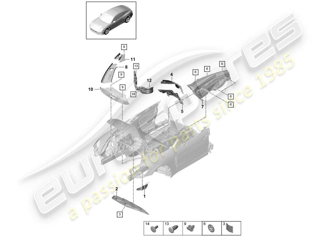 porsche panamera 971 (2019) schema delle parti dell'assorbimento acustico