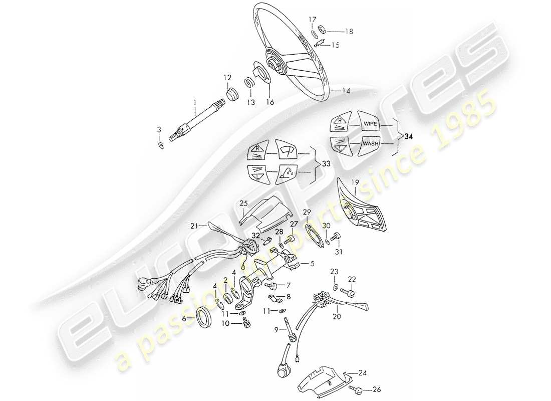 porsche 1973 (911) albero intermedio dello sterzo - volante - interruttore piantone dello sterzo schema parte