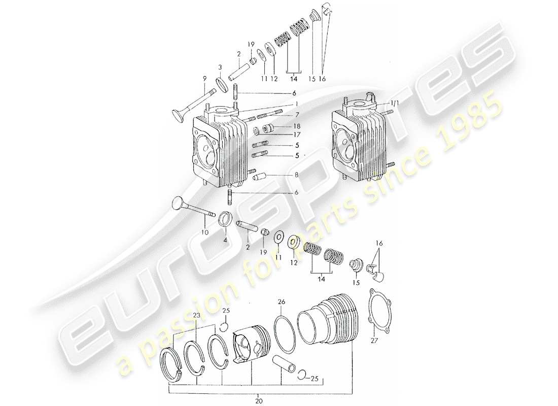 porsche 1973 (911) testata - cilindro con pistoni - d - mj 1972>> schema delle parti