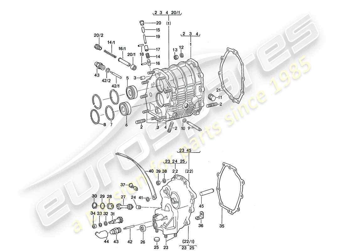 porsche 1977 (911) scatola ingranaggio - coperchio trasmissione diagramma delle parti
