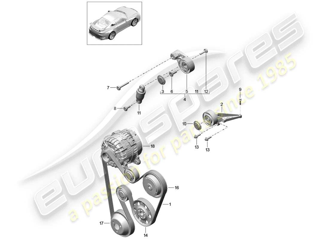 porsche 2019 (991-2 r/gt3/rs) schema delle parti della cinghia spelata