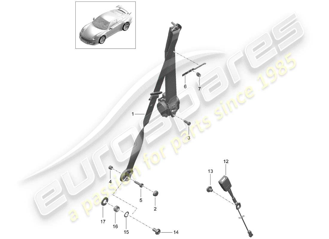 porsche 2014 (991-1 r/gt3/rs) cintura di sicurezza a tre punti diagramma delle parti