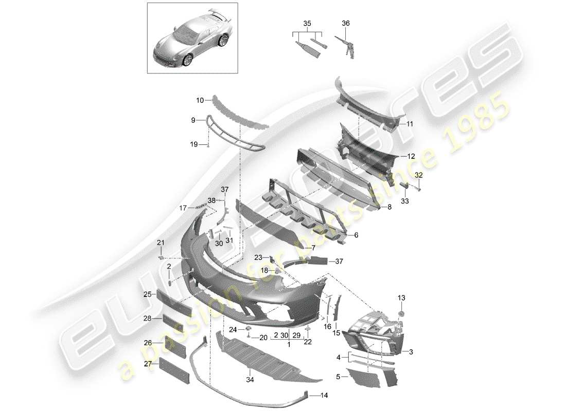 porsche 2014 (991-1 r/gt3/rs) paraurti diagramma delle parti