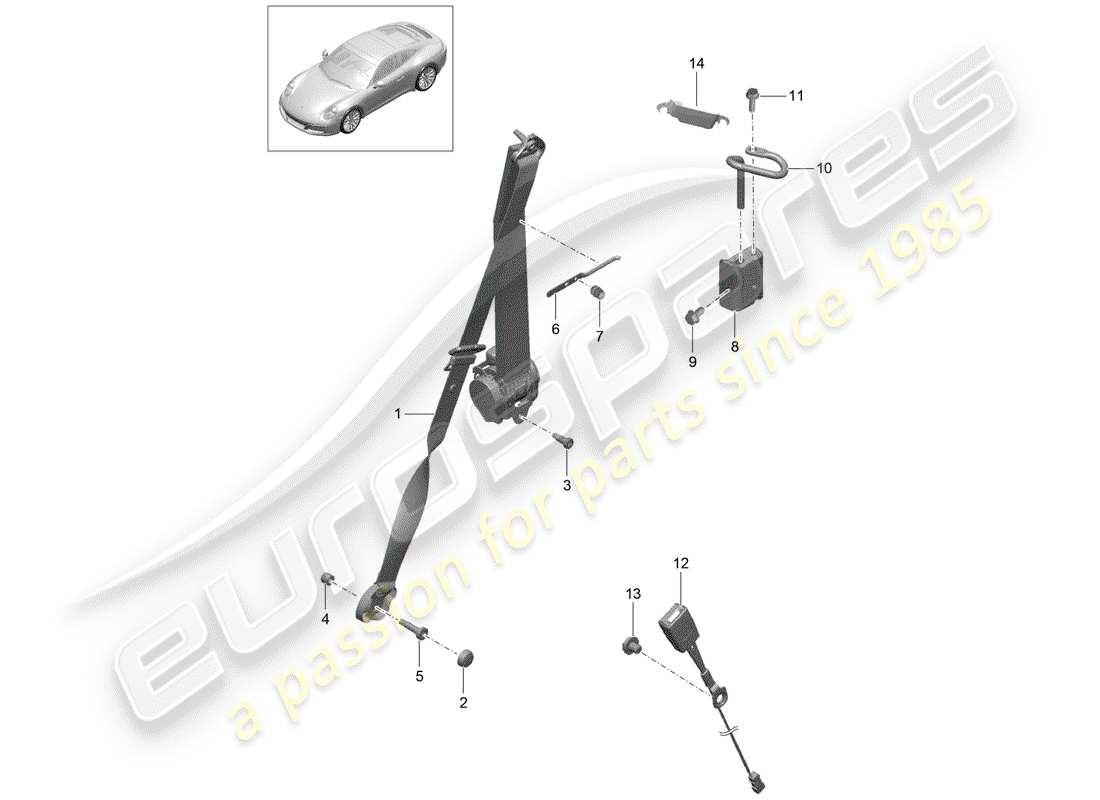 porsche 2019 (991-2) cintura di sicurezza a tre punti diagramma delle parti