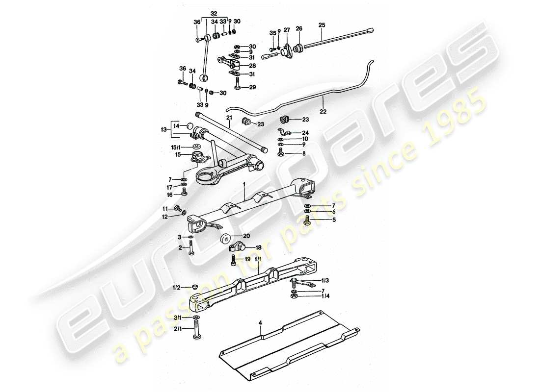 porsche 1977 (911 turbo) assale anteriore - stabilizzatore - telaio - lega leggera schema delle parti