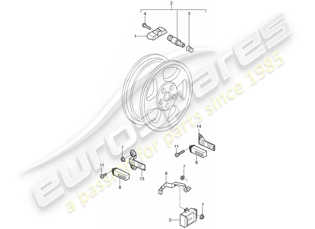porsche 2007 (987 cayman) schema delle parti del sistema di controllo della pressione dei pneumatici