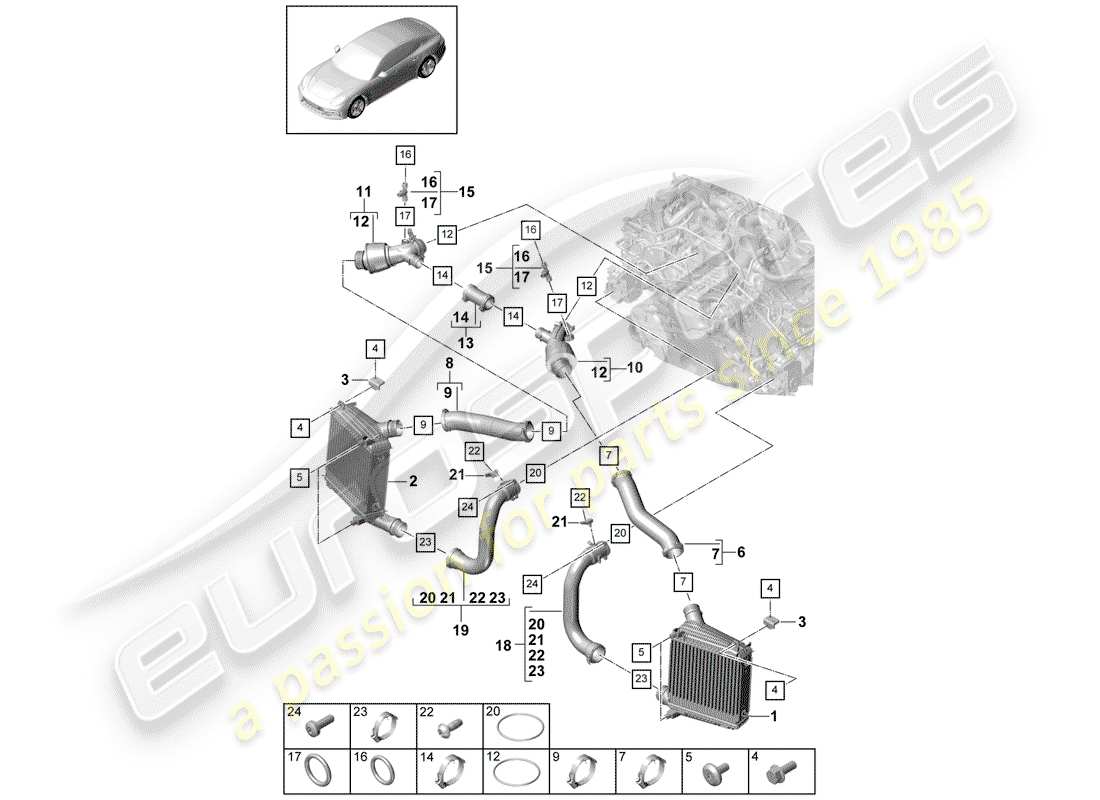 porsche 2020 (panamera 971-1) schema delle parti del raffreddatore dell'aria di carica