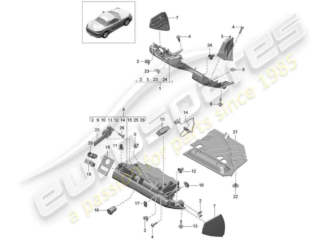 porsche 718 boxster (2020) diagramma delle parti del vano portaoggetti