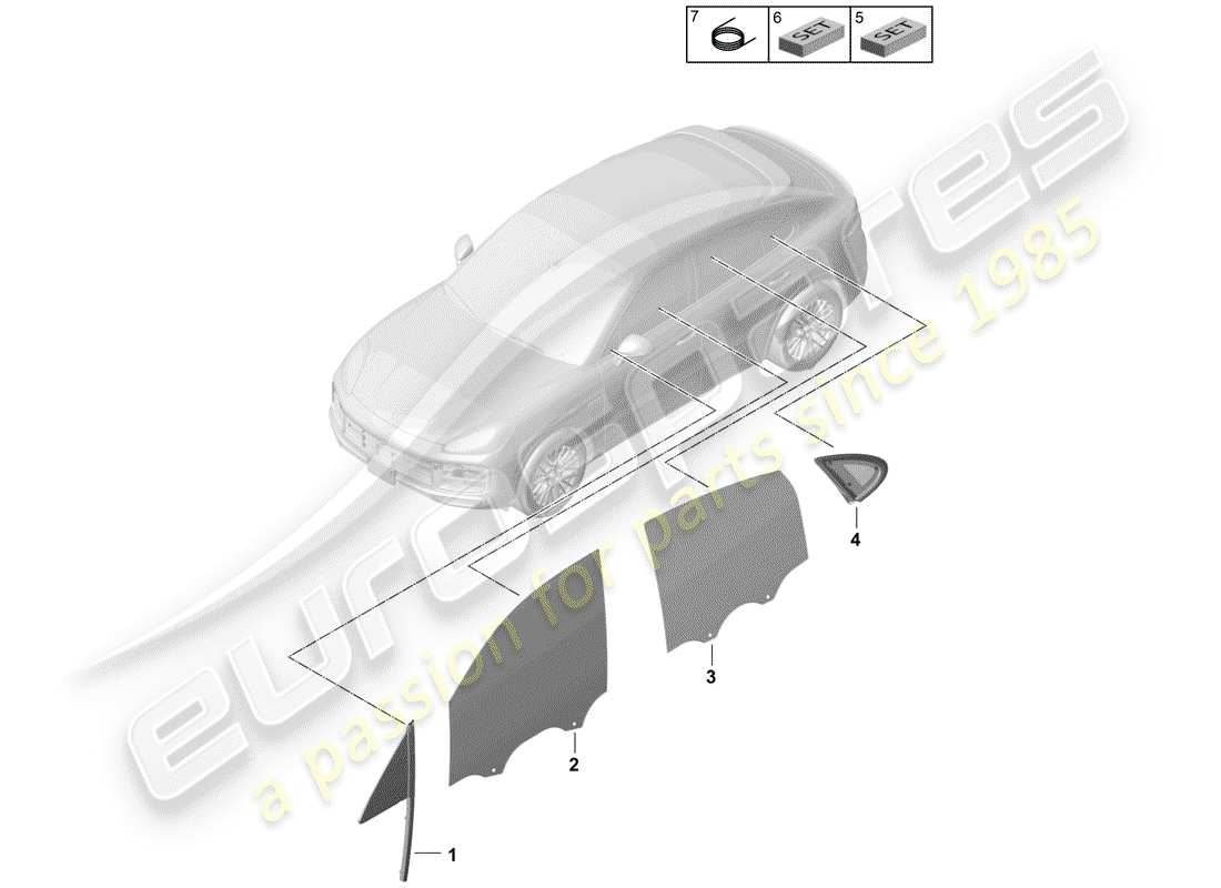 porsche 2020 (cayenne e3 9ya/9yb) schema delle parti del finestrino laterale