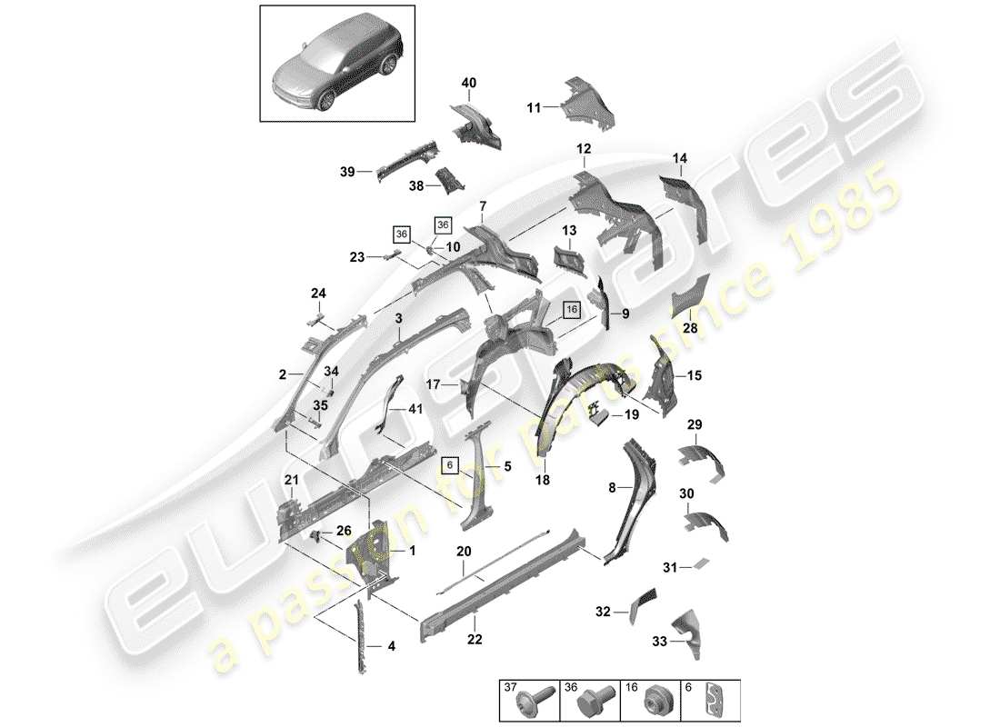 porsche 2020 (cayenne e3 9ya/9yb) pannello laterale schema delle parti